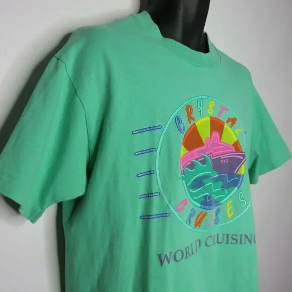 Vintage 90s Crystal Cruises TShirt L Green Neon Puffy Paint Made In USA Graphic - Picture 3 of 8